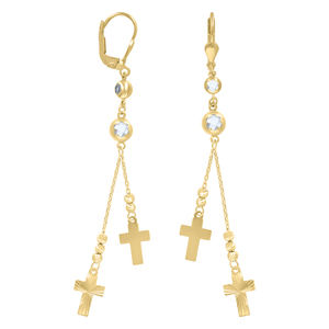 10kt 10k Yellow Gold Womens CZ Cross Religious Beaded Dangle Leverback Earrings